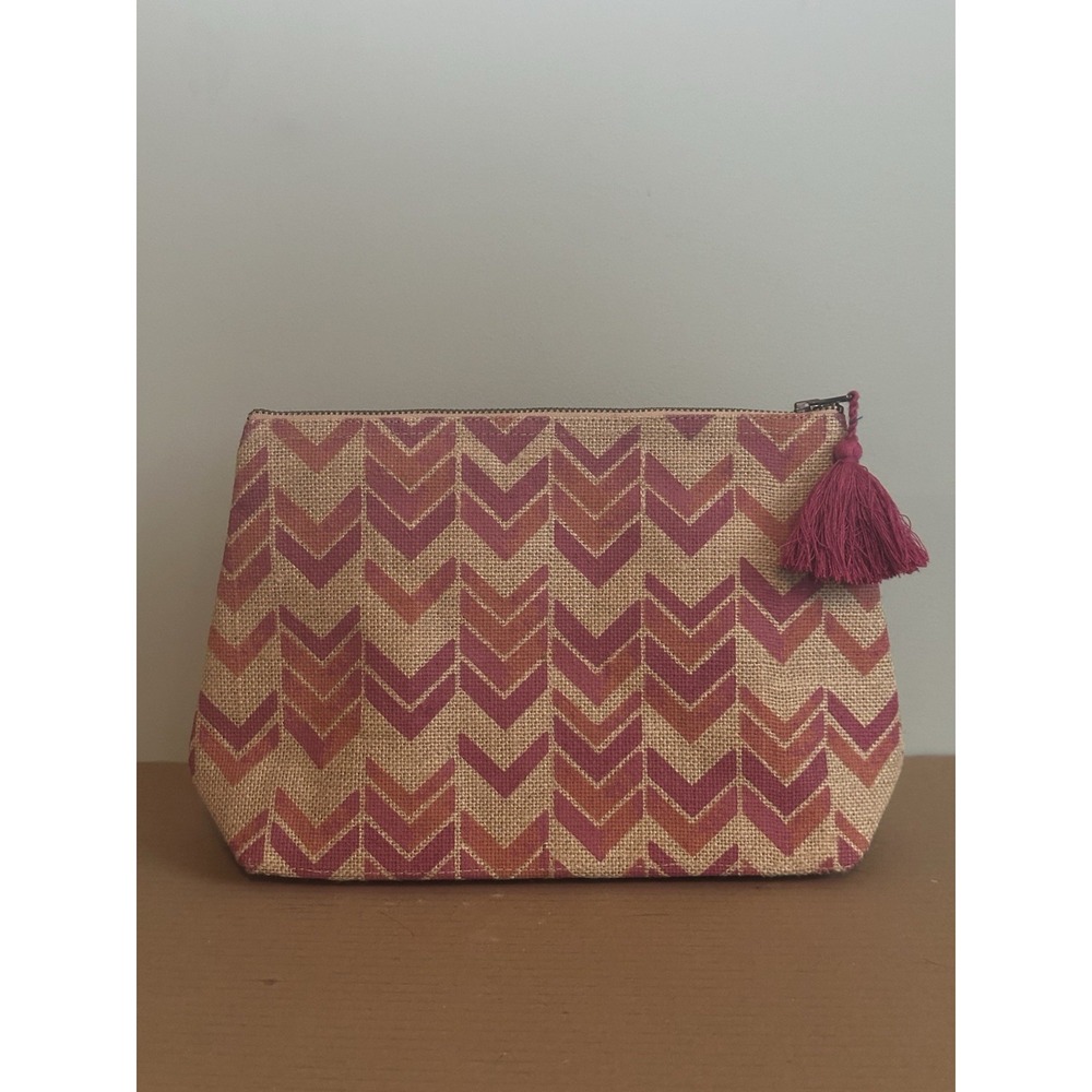 Neiman Marcus Pink‎ Beige Burlap Cosmetic Pouch Makeup Bag 9" x 7" x 3"